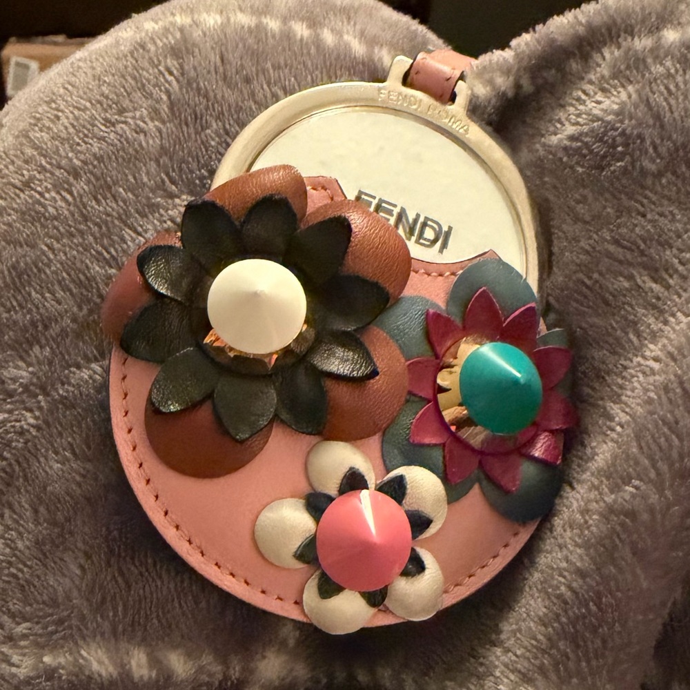 Fendi Pink Leather Floral Keychain Charm with Multicolor Flower Accents - Picture 3 of 10